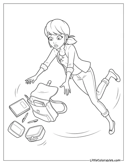 Miraculous Ladybug Tripping Clumsily Dropping Her School Bag Coloring Page