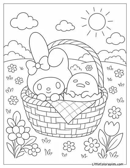 My Melody and Gudetama in a Picnic Basket in a Sunny Meadow Coloring Page