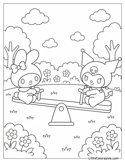 My Melody and Kuromi on Opposite Ends of a Seesaw Coloring Page