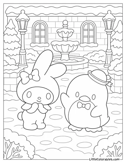 My Melody and Tuxedo Sam in a Snowy Courtyard Coloring Page