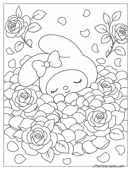 My Melody Asleep in a Bed of Rose Petals Coloring Page