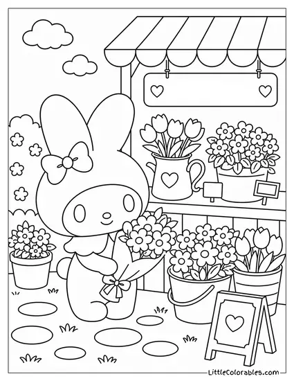 My Melody at a Flower Market Stall Coloring Page