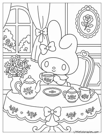 My Melody at a Tea Table with Floral China Coloring Page