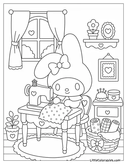 My Melody at a Tiny Sewing Table with Fabric Coloring Page