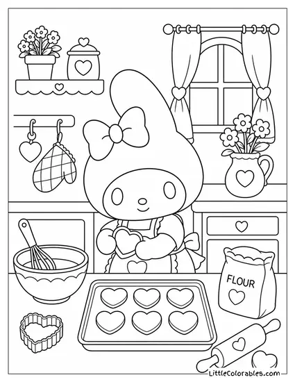 My Melody Baking Heart Shaped Cookies in an Apron Coloring Page
