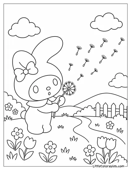 My Melody Blowing Dandelion Seeds into the Breeze Coloring Page