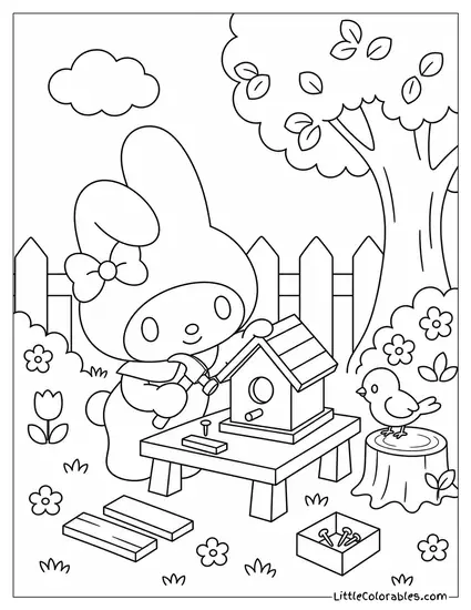 My Melody Building a Tiny Birdhouse Coloring Page