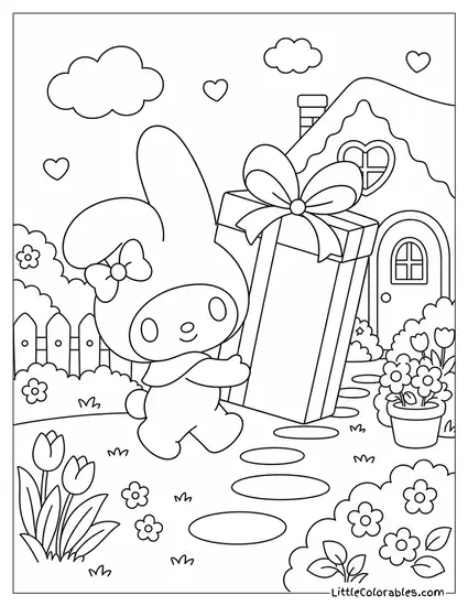 My Melody Carrying an Oversized Pink Gift Box Coloring Page