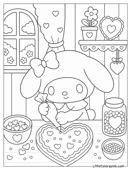 My Melody Decorating a Heart Shaped Cookie Coloring Page