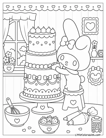 My Melody Decorating a Tall Pink Layer Cake Coloring Page