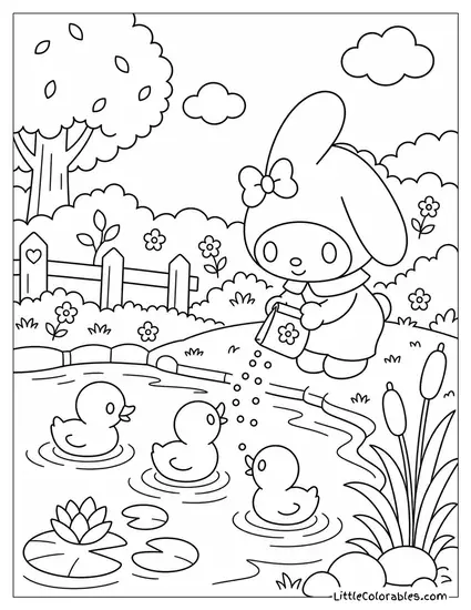My Melody Feeding Baby Ducks at a Pond Coloring Page