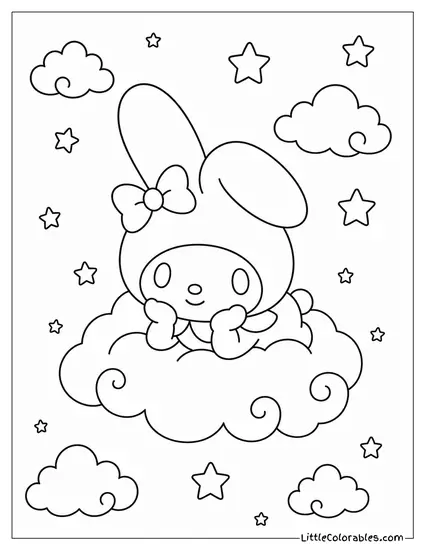 My Melody Floating on a Pink Cloud with Stars Coloring Page