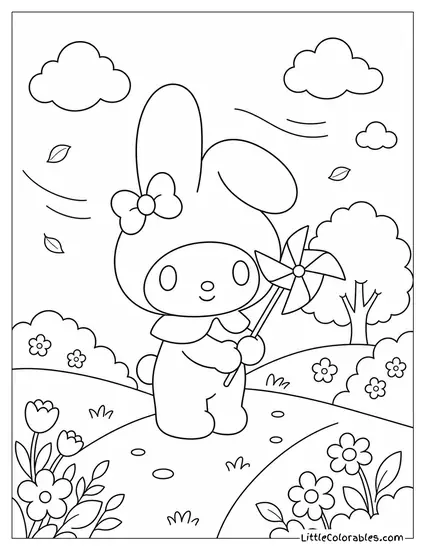 My Melody Holding a Pinwheel in a Gentle Breeze Coloring Page