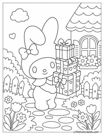 My Melody Holding a Stack of Wrapped Gift Boxes Coloring Page