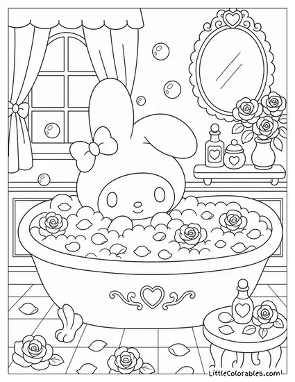 My Melody in a Bubble Bath with Rose Petals Coloring Page