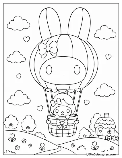 My Melody in a Bunny Shaped Hot Air Balloon Coloring Page