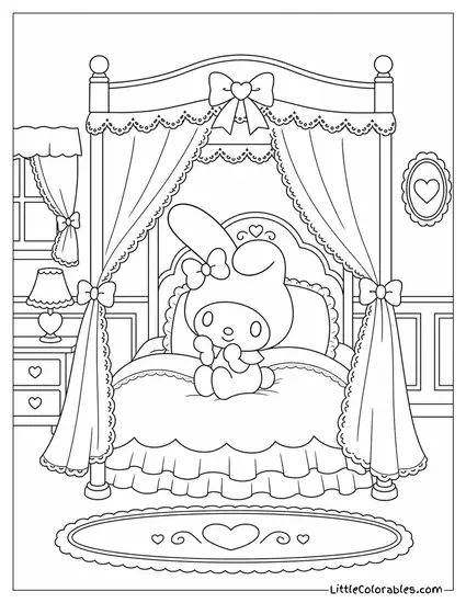 My Melody in a Canopy Bed with Lace Curtains Coloring Page