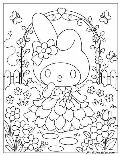 My Melody in a Dress Made of Flower Petals Coloring Page
