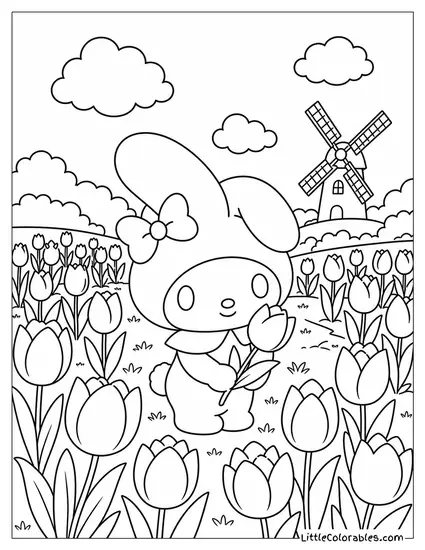 My Melody in a Field of Blooming Pink Tulips Coloring Page