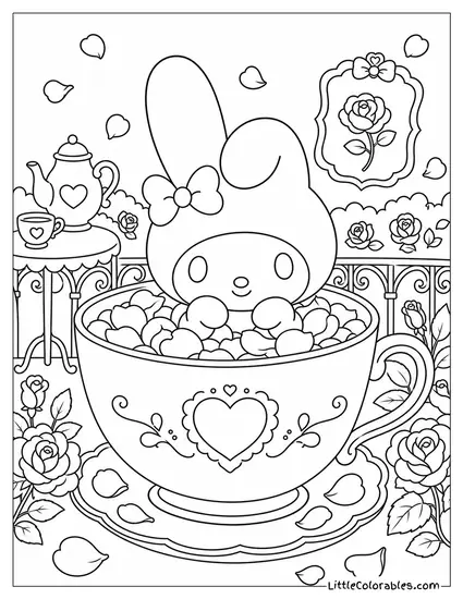 My Melody in a Giant Teacup Full of Petals Coloring Page