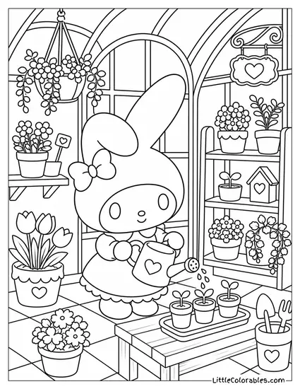 My Melody in a Greenhouse Watering Tiny Plants Coloring Page