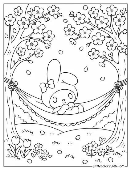 My Melody in a Hammock Strung Between Cherry Blossom Trees Coloring Page