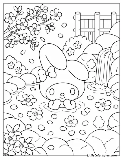 My Melody in a Hot Spring Surrounded by Flower Petals Coloring Page