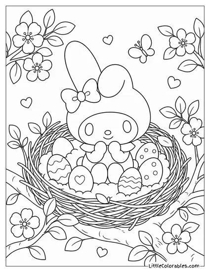 My Melody in a Nest Surrounded by Tiny Eggs Coloring Page