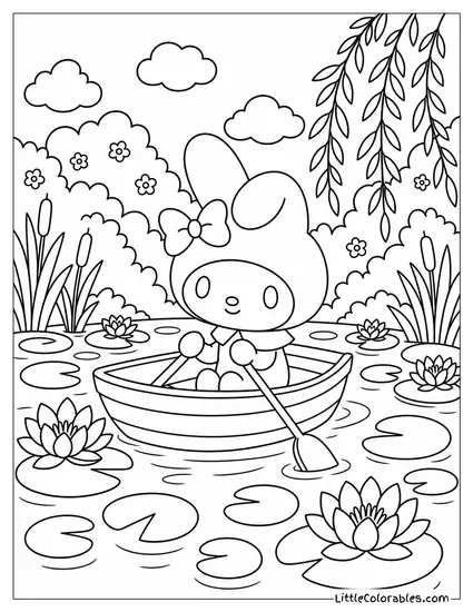 My Melody in a Pink Rowboat on a Lily Pond Coloring Page
