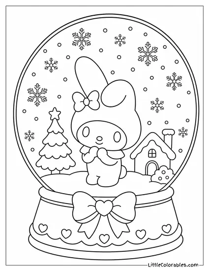 My Melody in a Snow Globe with Pink Snowflakes Coloring Page