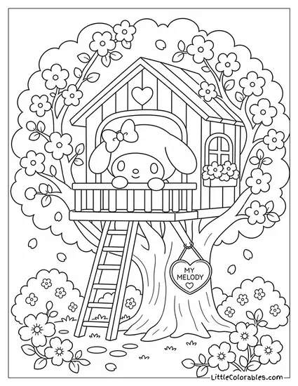 My Melody in a Treehouse Surrounded by Pink Blossoms Coloring Page