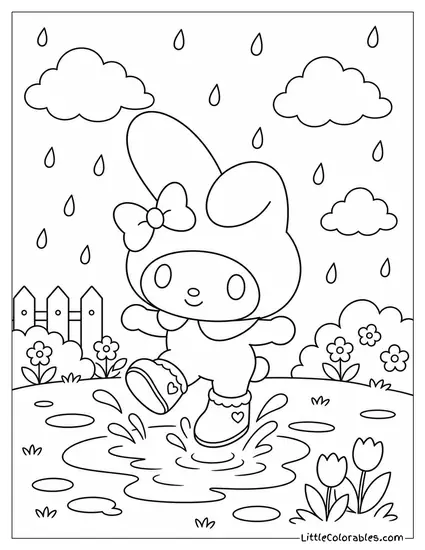 My Melody in Rain Boots Jumping in Puddles Coloring Page