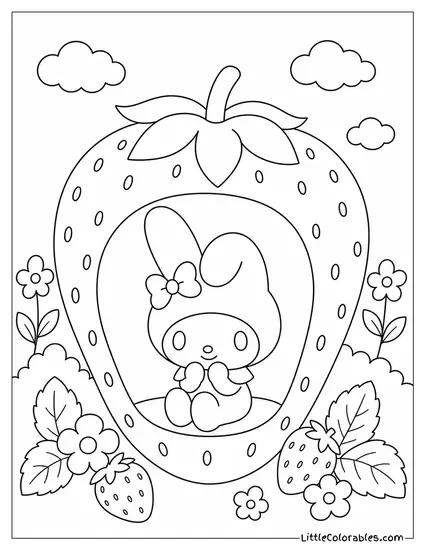 My Melody Inside a Giant Hollowed Out Strawberry Coloring Page