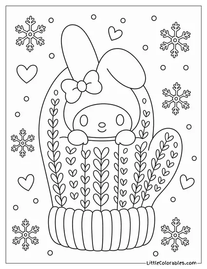 My Melody Inside a Giant Knitted Mitten Coloring Page