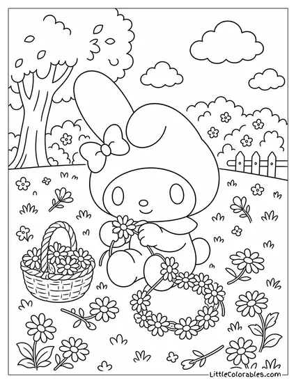 My Melody Making a Daisy Chain Crown Coloring Page