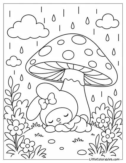 My Melody Napping Under a Mushroom in the Rain Coloring Page