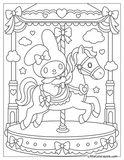 My Melody on a Carousel Horse with Pink Ribbons Coloring Page