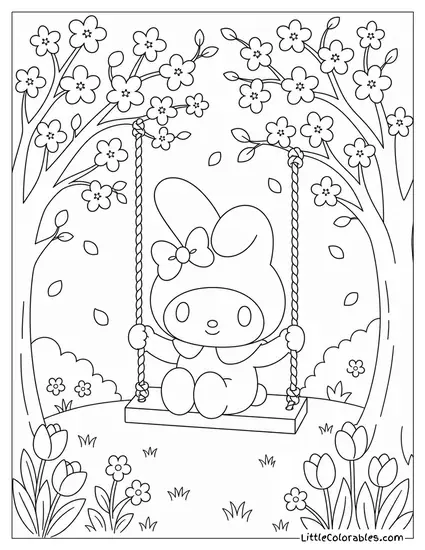 My Melody on a Swing Between Two Blooming Trees Coloring Page