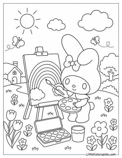 My Melody Painting a Rainbow with Watercolors Coloring Page