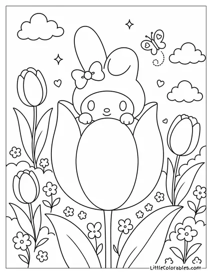 My Melody Peeking from Inside a Giant Tulip Coloring Page