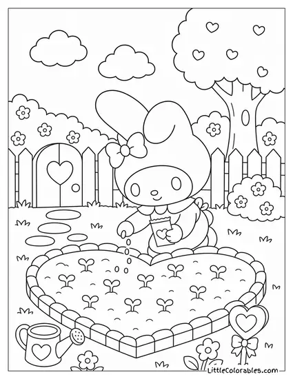 My Melody Planting Seeds in a Heart Shaped Garden Coloring Page