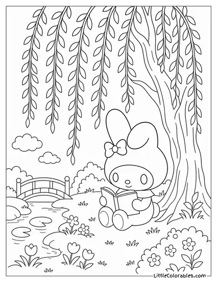My Melody Reading Under a Weeping Willow Tree Coloring Page