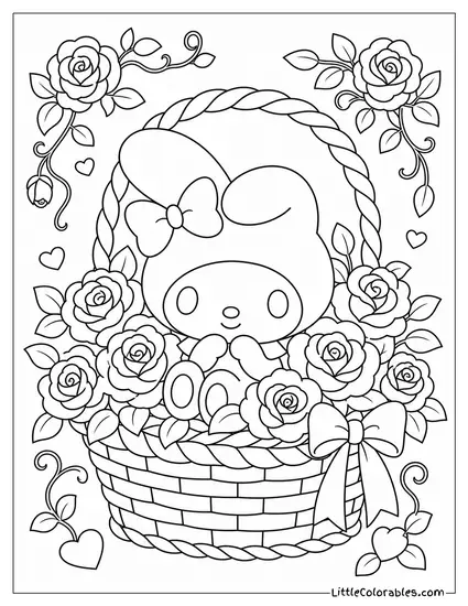 My Melody Sitting in a Basket of Pink Roses Coloring Page