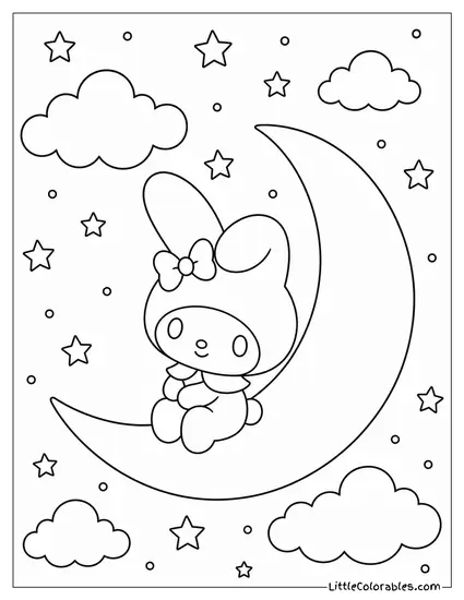 My Melody Sitting on a Crescent Moon with Stars Coloring Page