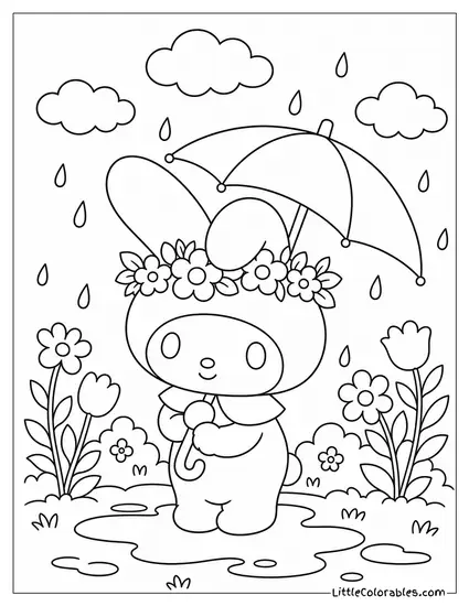 My Melody Wearing a Flower Crown in the Rain Coloring Page