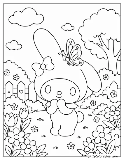 My Melody with a Butterfly Landing on Her Hood Coloring Page