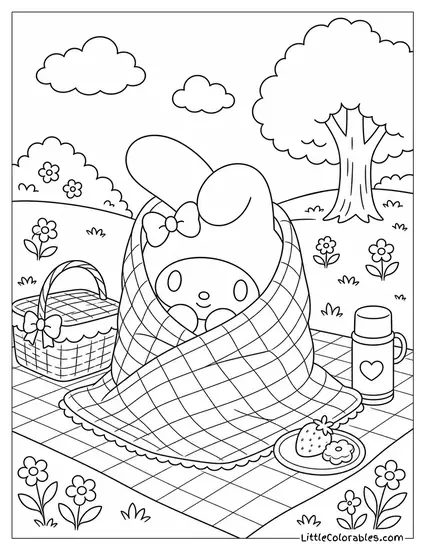 My Melody Wrapped in a Pink Gingham Picnic Blanket Coloring Page