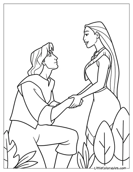Pocahontas and Captain John Smith Holding Hands Coloring Page