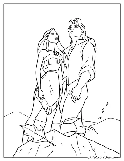 Pocahontas and John Smith Looking Up at the Sky Coloring Page