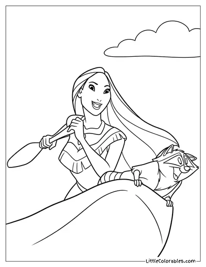 Pocahontas and Meeko in a Canoe Coloring Page